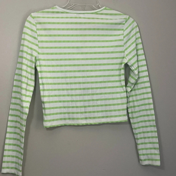 Topshop Ribbed Long Sleeve Cut Out Top Small Green Stripes Stretchy NWOT - Picture 3 of 11